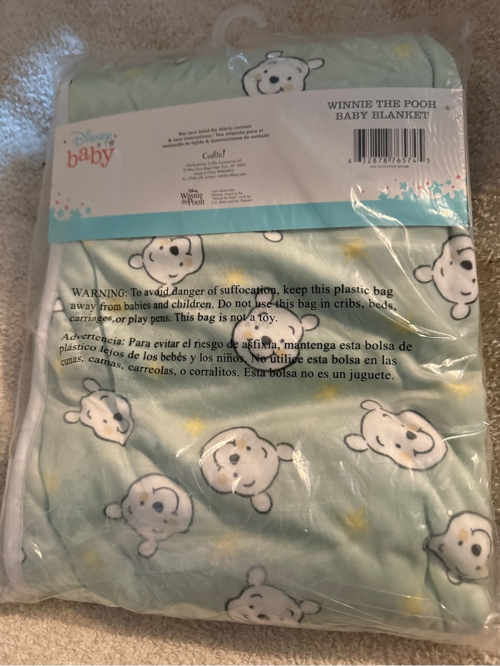 Disney Baby Winnie the Pooh Mint Green and White Plush Baby Blanket - Picture 2 of 2
